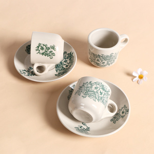 Wholesale Ceramic Cup Green Flower Pattern 6 Pcs Porcelain Coffee Tea Cup And Saucer Set