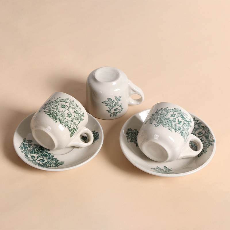 Wholesale Ceramic Cup Green Flower Pattern 6 Pcs Porcelain Coffee Tea Cup And Saucer Set