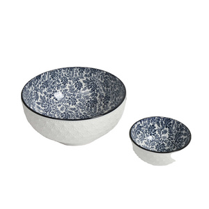 Ceramic embossed noodles bowl customize pad printing for home and restaurant porcelain bowls