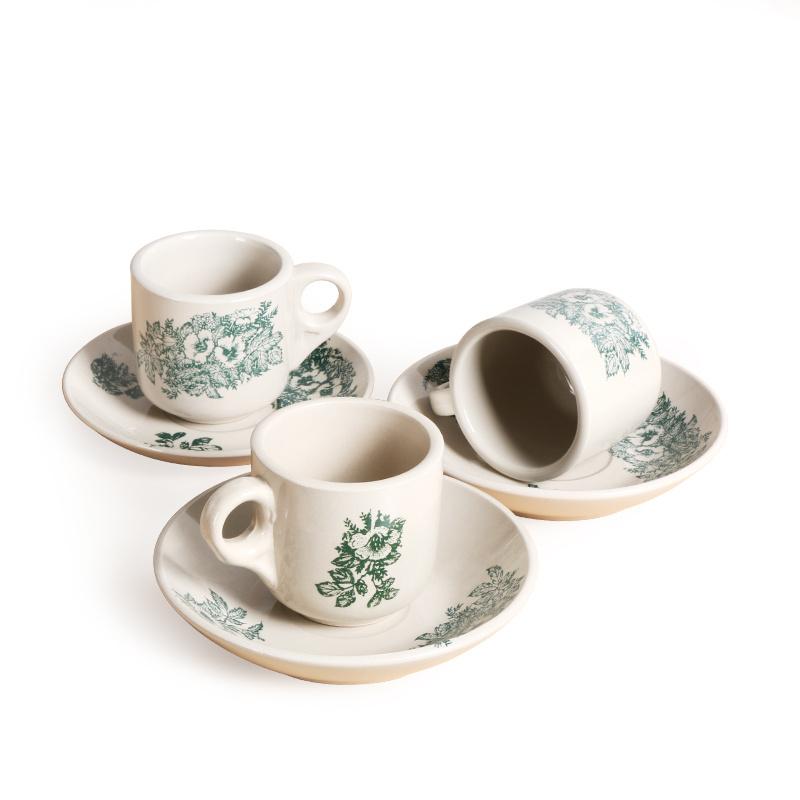 Wholesale Ceramic Cup Green Flower Pattern 6 Pcs Porcelain Coffee Tea Cup And Saucer Set