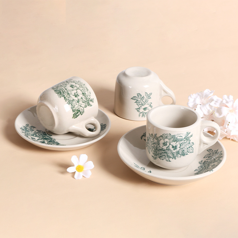 Wholesale Ceramic Cup Green Flower Pattern 6 Pcs Porcelain Coffee Tea Cup And Saucer Set