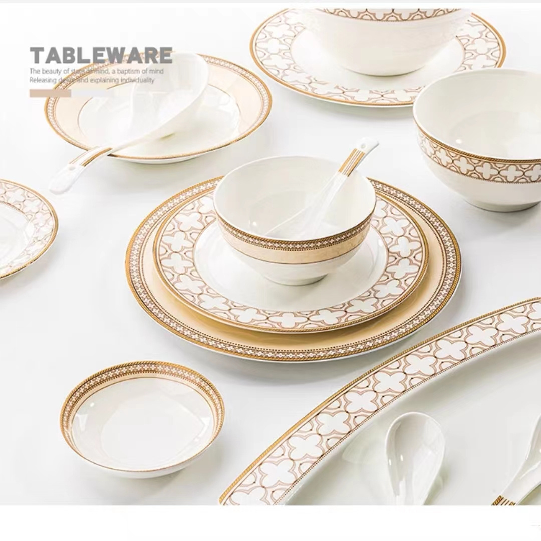 Nordic Western Chinese Style Restaurant Luxury Gold Design Porcelain Dinner Serving Ceramic Dishes& Plate