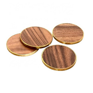 Wholesale Acacia Wood Custom Logo Engrave Blank Luxury Brass Rim Round Ebony Wooden Tea Coaster Classic Gifts OEM Box