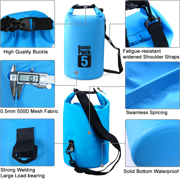 5L Custom PVC Camping Hiking Boating Backpack Kayak Ocean Pack Sack Sport Beach Gear Waterproof Dry Bag