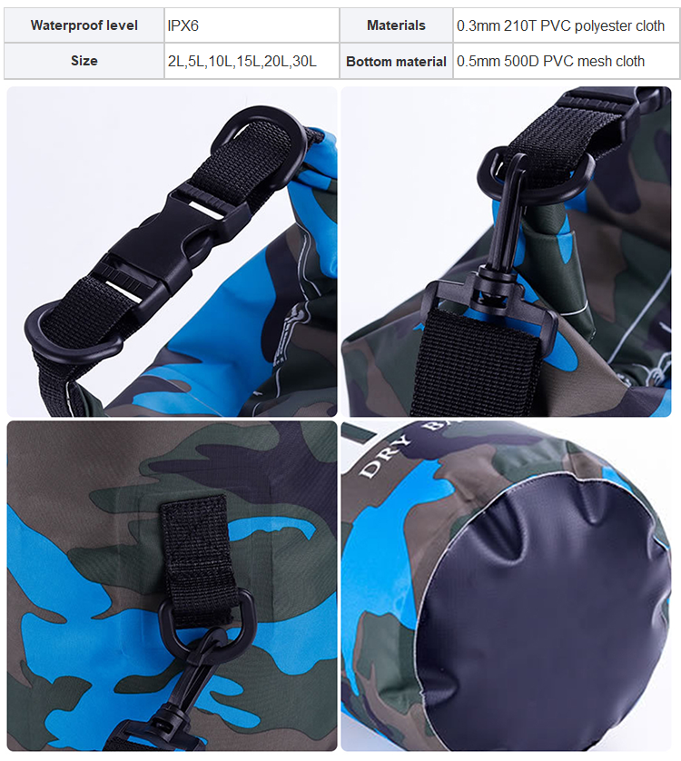 Custom 2L 5L 10L 15L 20L 30L PVC Ocean Camping Hiking Travelling Backpack Camouflage Double Shoulder Waterproof Dry Bag