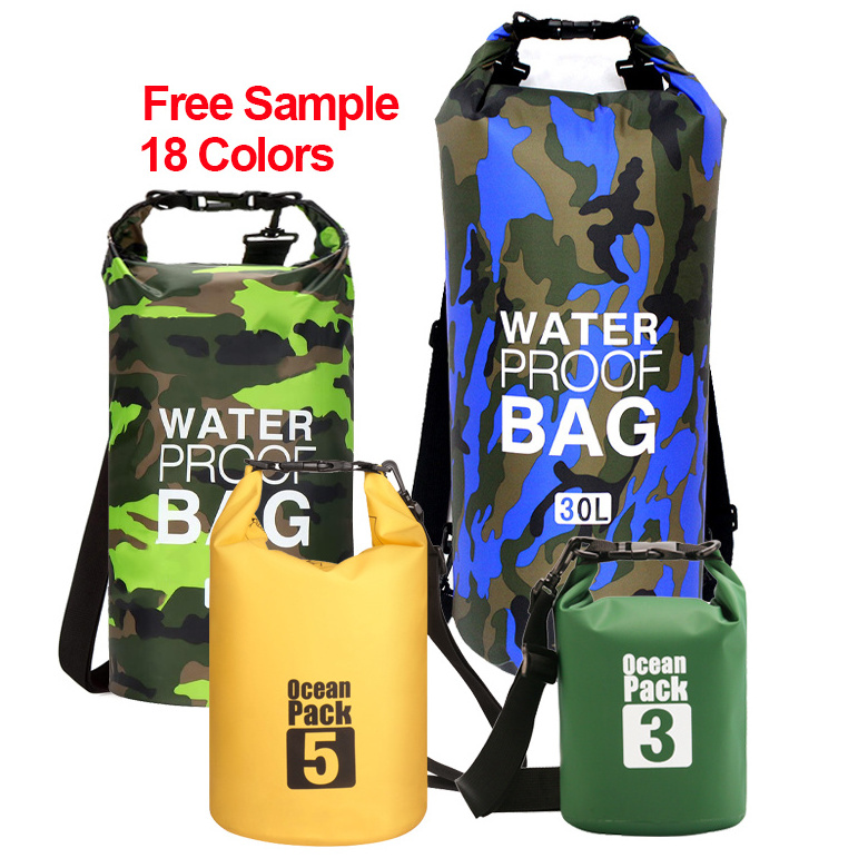 Custom 2L 5L 10L 15L 20L 30L PVC Ocean Camping Hiking Travelling Backpack Camouflage Double Shoulder Waterproof Dry Bag