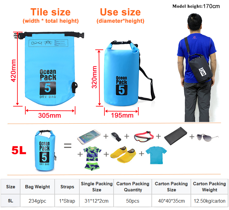 5L Custom PVC Camping Hiking Boating Backpack Kayak Ocean Pack Sack Sport Beach Gear Waterproof Dry Bag