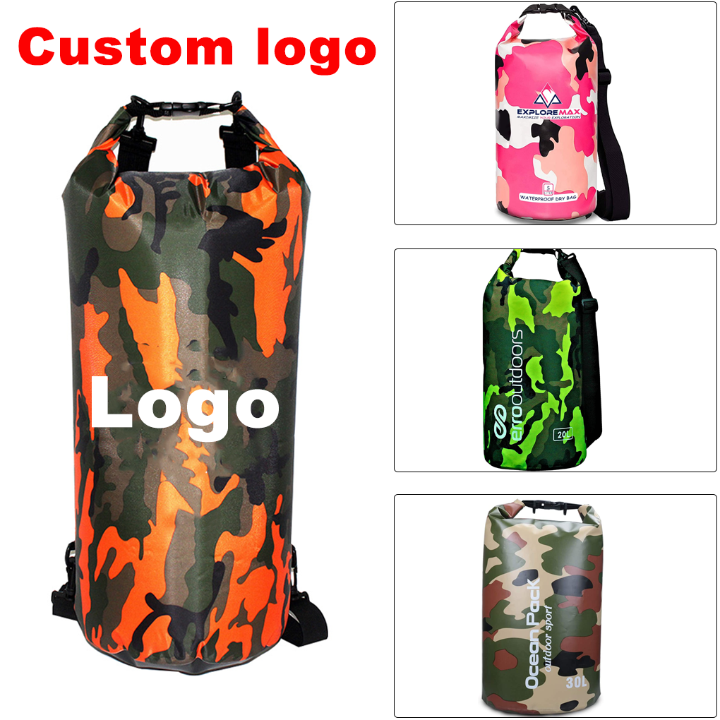 Custom 2L 5L 10L 15L 20L 30L PVC Ocean Camping Hiking Travelling Backpack Camouflage Double Shoulder Waterproof Dry Bag