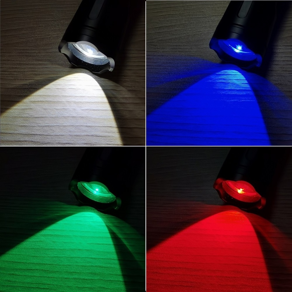 Zoomable 4-Colour light White/Red/Green/Blue LED Flashlight USB Charging Fishing Camping Hunting Photography Selfie Hiking Torch