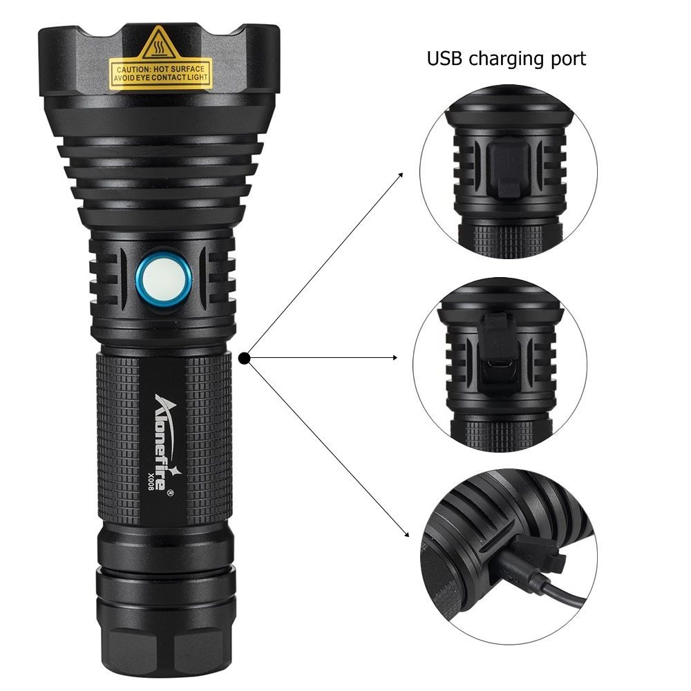 Alonefire X008 XM-L2 Super Powerful Spotlight LED Flashlight Tactical Torch USB Rechargeable Waterproof Camping Patrol hike Lamp