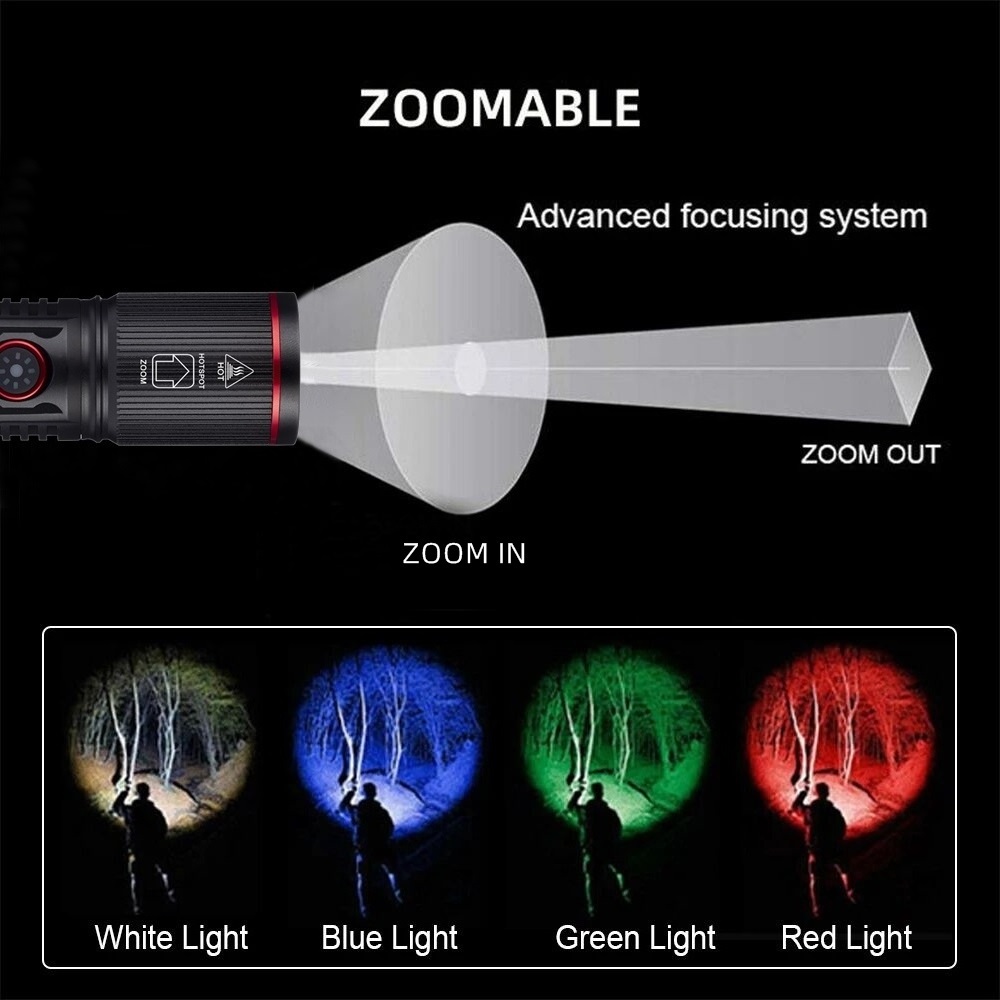 Zoomable 4-Colour light White/Red/Green/Blue LED Flashlight USB Charging Fishing Camping Hunting Photography Selfie Hiking Torch