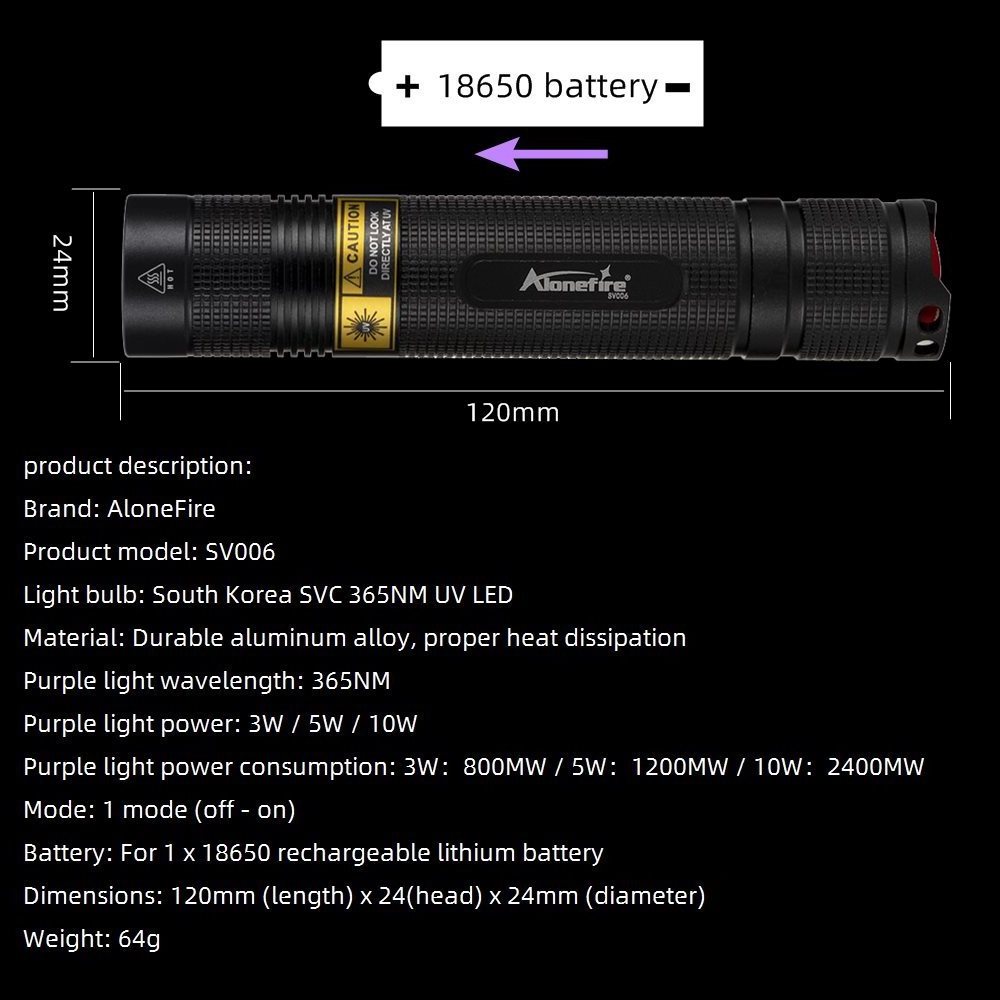 Alonefire SV006 UV led 5W Wood's lamp Flashlight 365nm Blacklight Vitiligo Pet Money Scorpion Detection torch light with Glasses