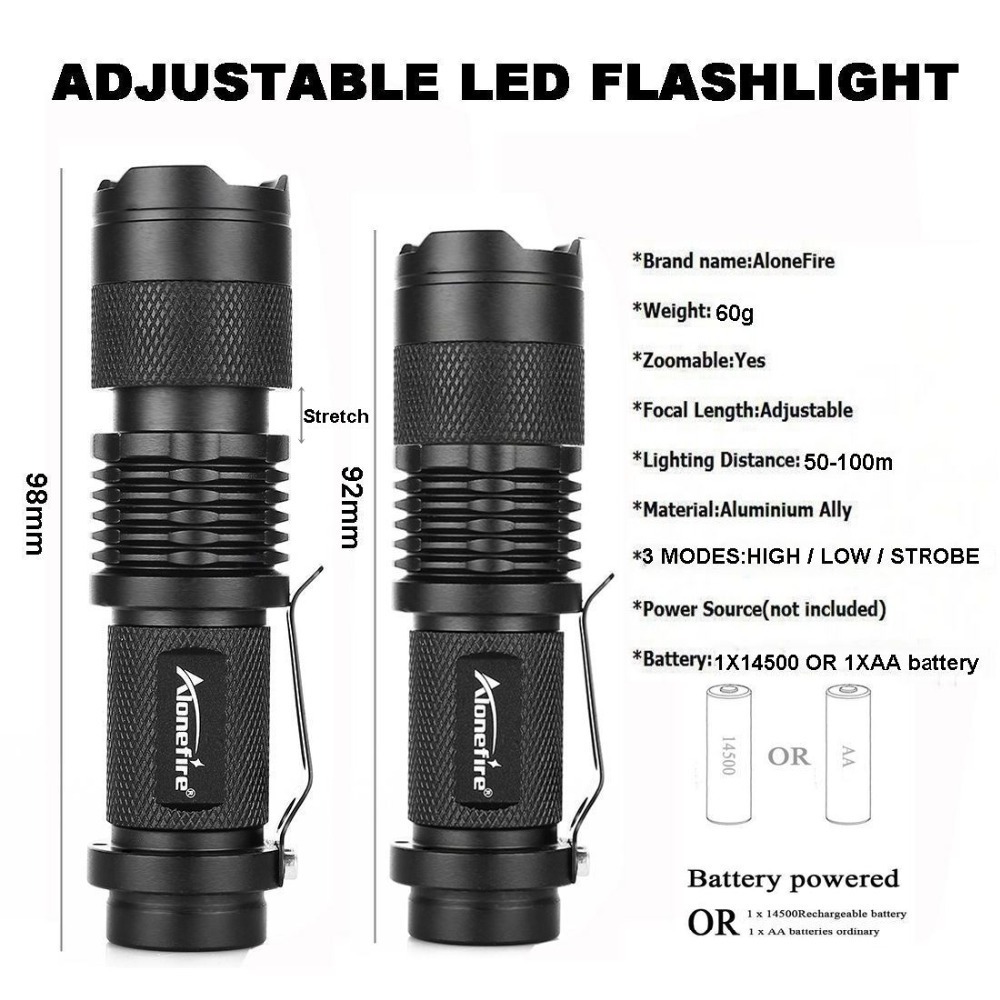 AloneFire SK68 Q5 mini Zoomable led flashlight Portable lamp Travel Camping Child Ms Pocket Torch Bright light AA 14500