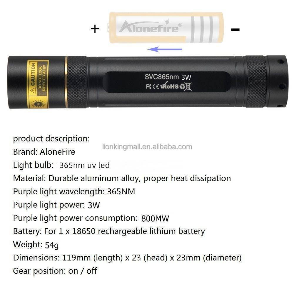 AloneFire SV003 365nm 3W 10W LED Black lens Ultraviolet flashlight UV light Curing Skin diseas check lamp 18650 battery