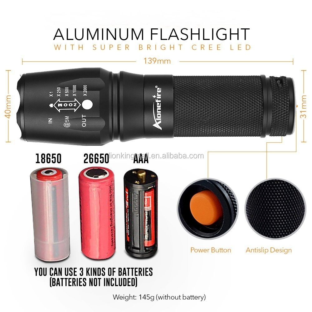 AloneFire X800 10W T6 led Handheld Zoom flashlight Outdoor Nightlight Travel Hike High Bright Tactical Torch Camping lamp 18650