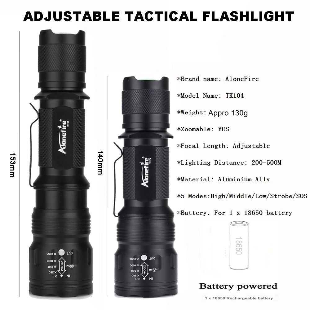 Alonefire TK104 XM-L2 LED Professional Zoom Tactical flashlight lamp Powerful High power Outdoor lighting Hunting Torch light