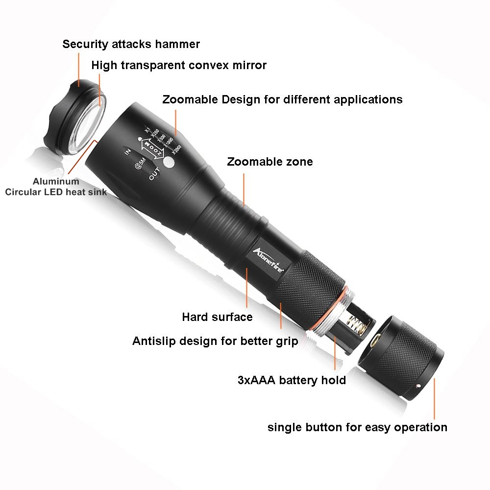 Alonefire G700  10W T6 Led Zoom Flashlight 5000lm Camping hunting Fishing Bright light High power Work Torch AAA 18650 battery