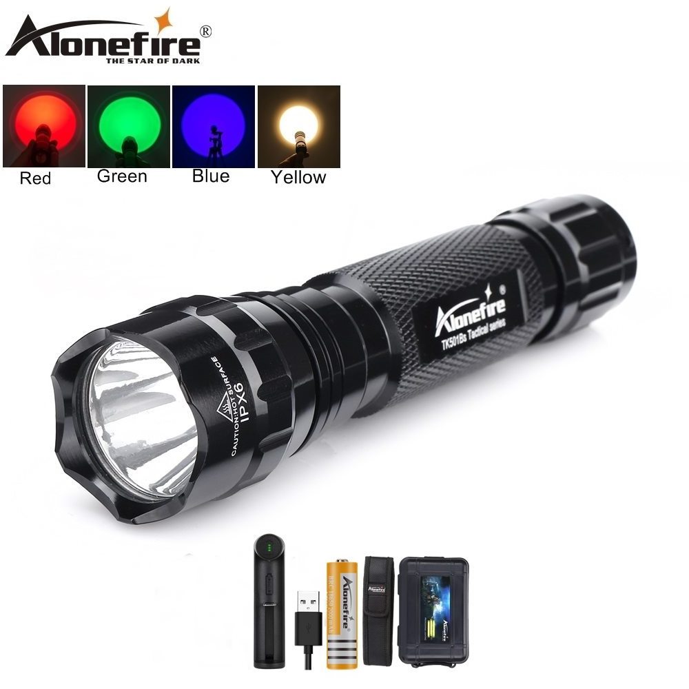 Alonefire 501B Tactical Flashlight Green/Red/Blue/Yellow light LED Fishing Camping Hunting Torch 18650 Rechargeable battery