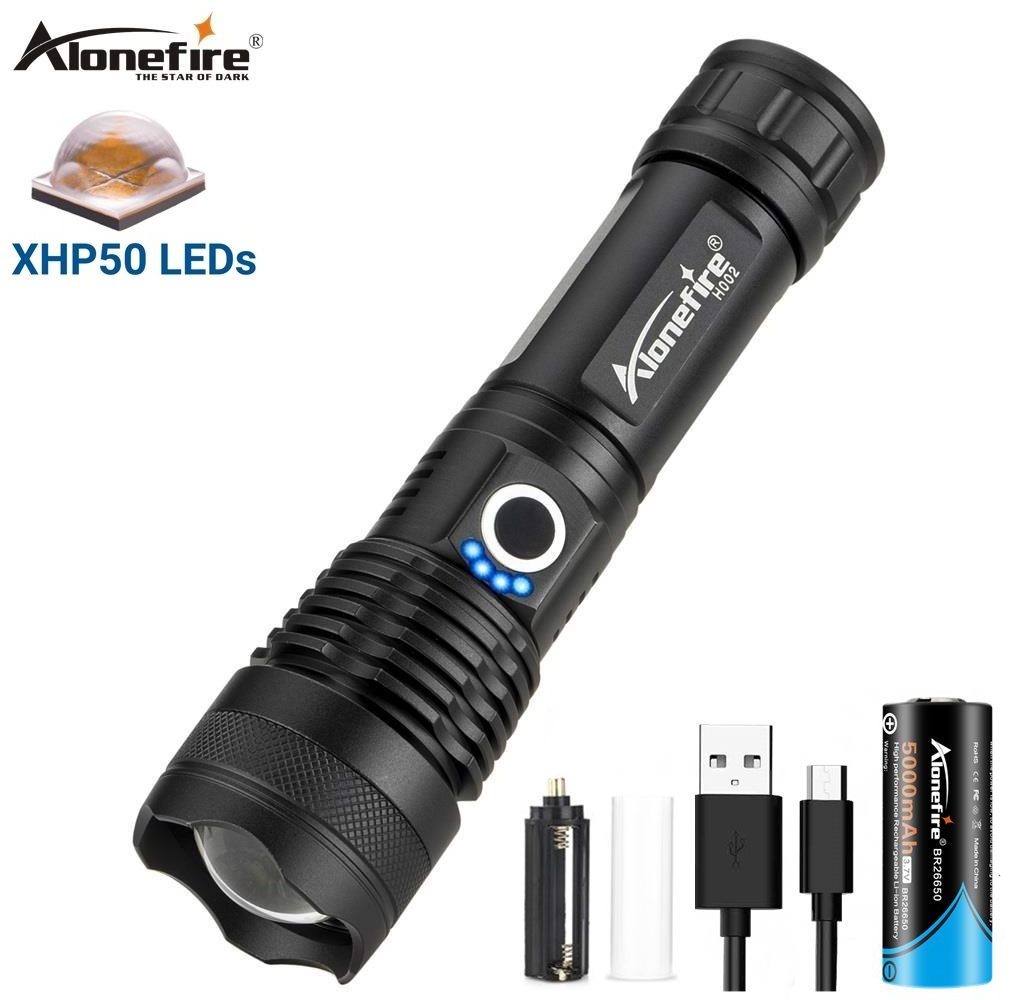 Alonefire H002 XHP50 High power LED Zoom Flashlight hunting Bright light Work Powerful Outdoor Patrol Fishing Usb Torch 26650