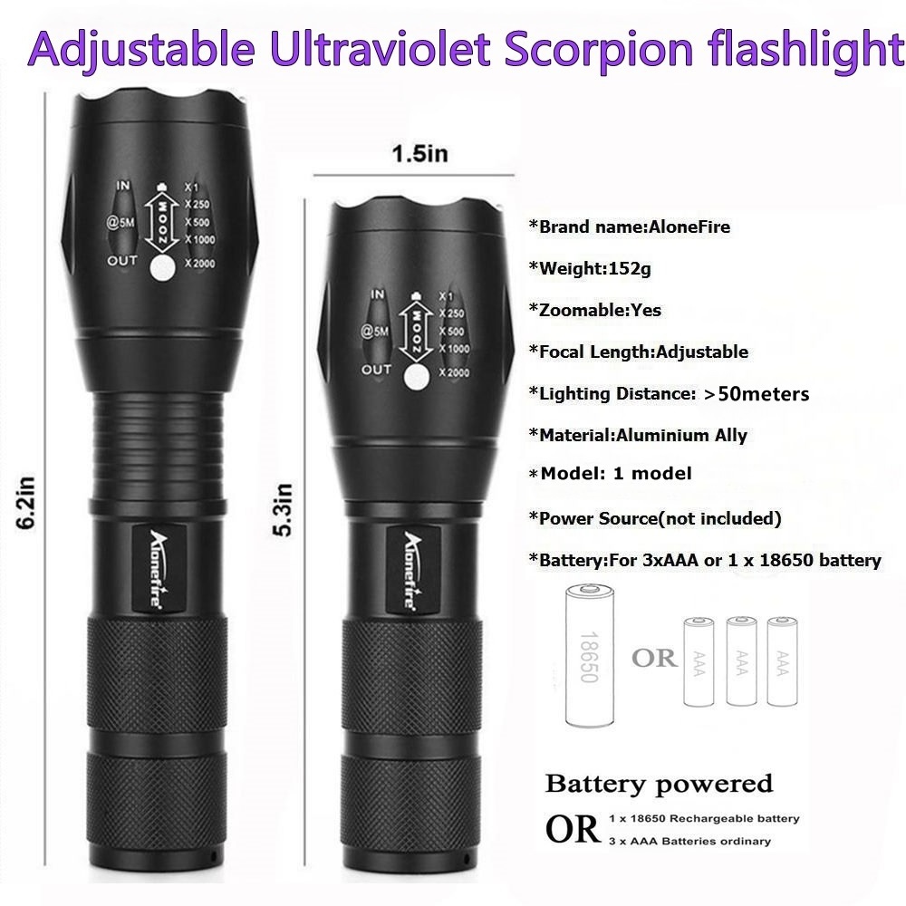 AloneFire G700 Zoom LED UV Light Flashlight 365nm Torch lamp UV Curing Travel safety UV Scorpion Paper money Detection AAA 18650