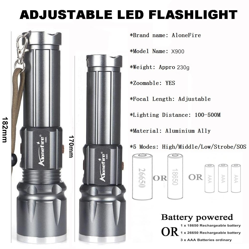 ALONEFIRE X900 Powerful flashlight T6 Led Aluminum Waterproof Zoom Lanterna Outdoor Patrol Hike Torch AAA 18650 26650 Battery