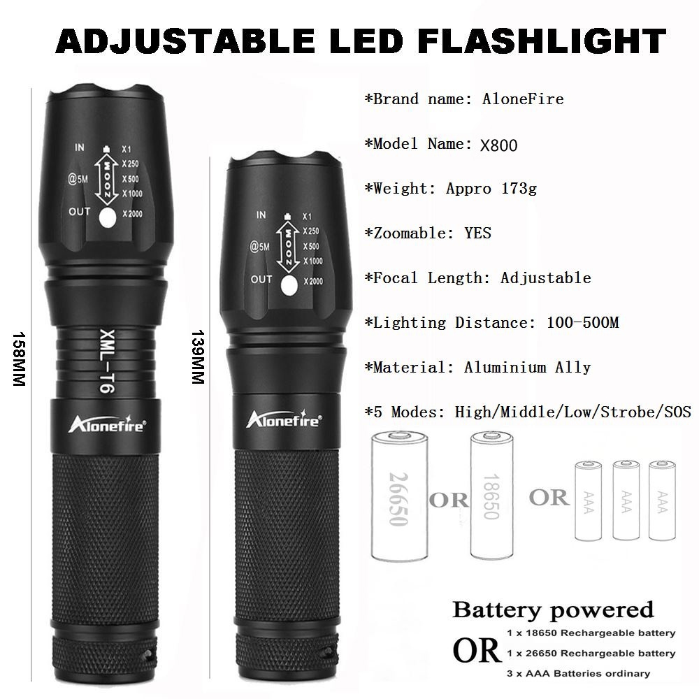 AloneFire X800 10W T6 led Handheld Zoom flashlight Outdoor Nightlight Travel Hike High Bright Tactical Torch Camping lamp 18650