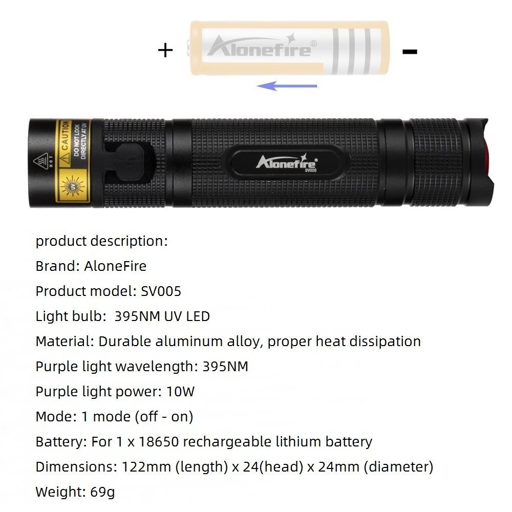 Alonefire SV005 UV 395-400nm 10W UV Led Flashlight Powerful Pet Stains Outdoor Hunting Marker Scorpion Money Fishing USB Torch