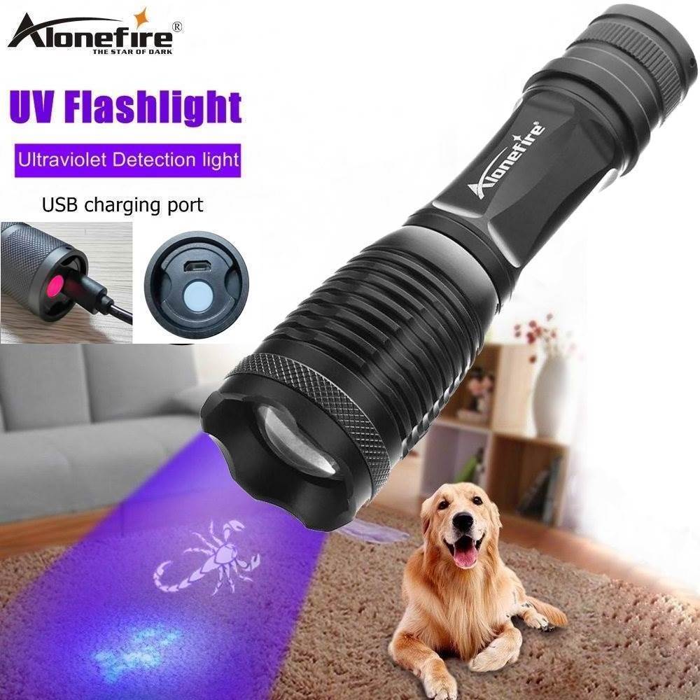 Alonefire E007-C 395nm UV Flashlight USB Rechargeable Ultra Violet Light Zoom Pet Urine Stains Detector Scorpions Fishing Lamp