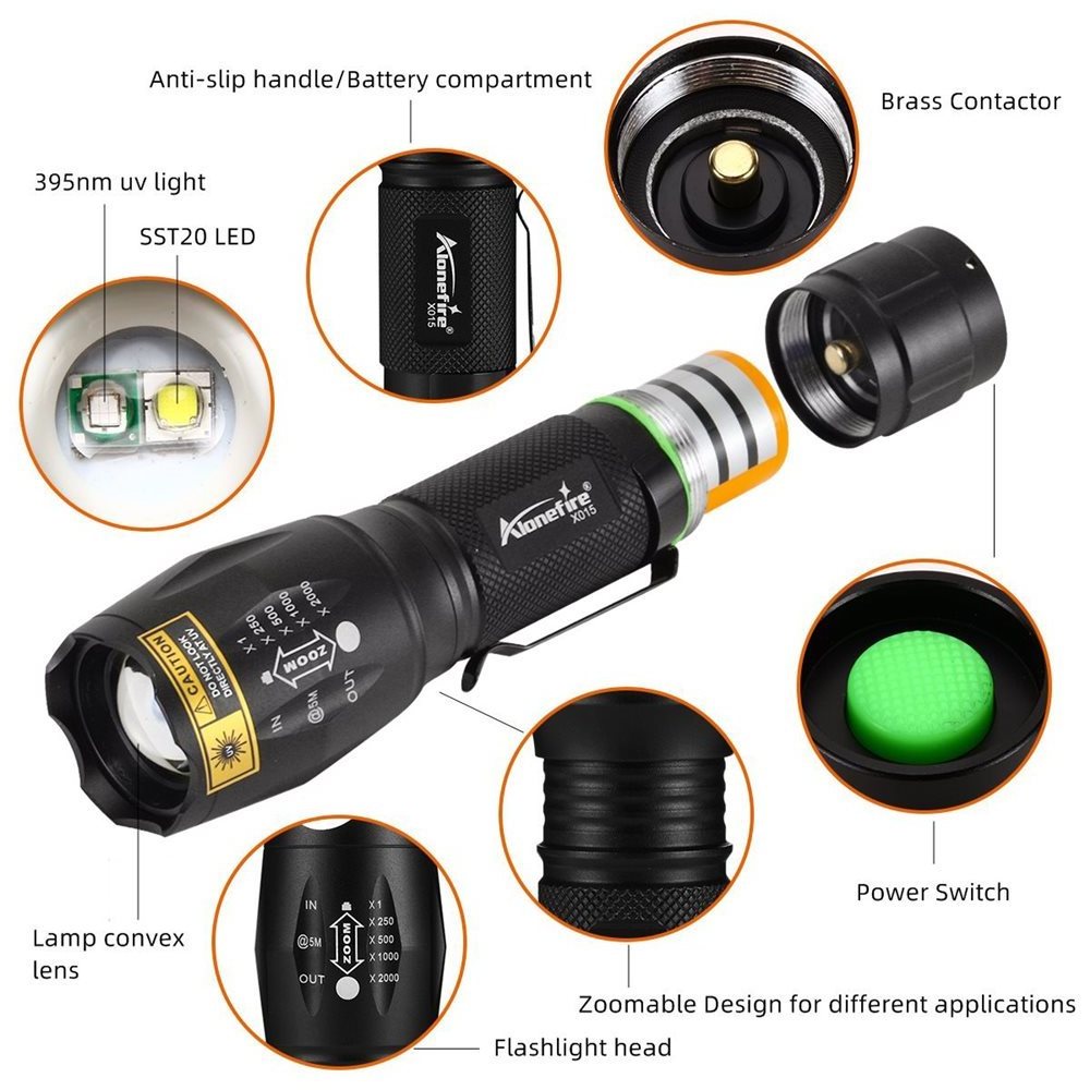 Alonefire X015 SST20+UV 395nm 2 IN 1 Led Zoom flashlight Ultra violet Cat Dog Pet Scorpion Money Check Powerful Lighting Light