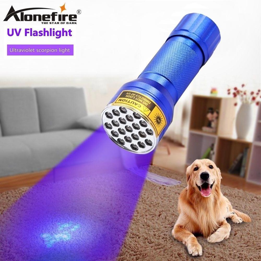 ALONEFIRE 21led UV 395nm Mini Led Flashlight Ultra Violet Light Cat Dog Pet Urine money Scorpion Detection work Lamp AAA Battery