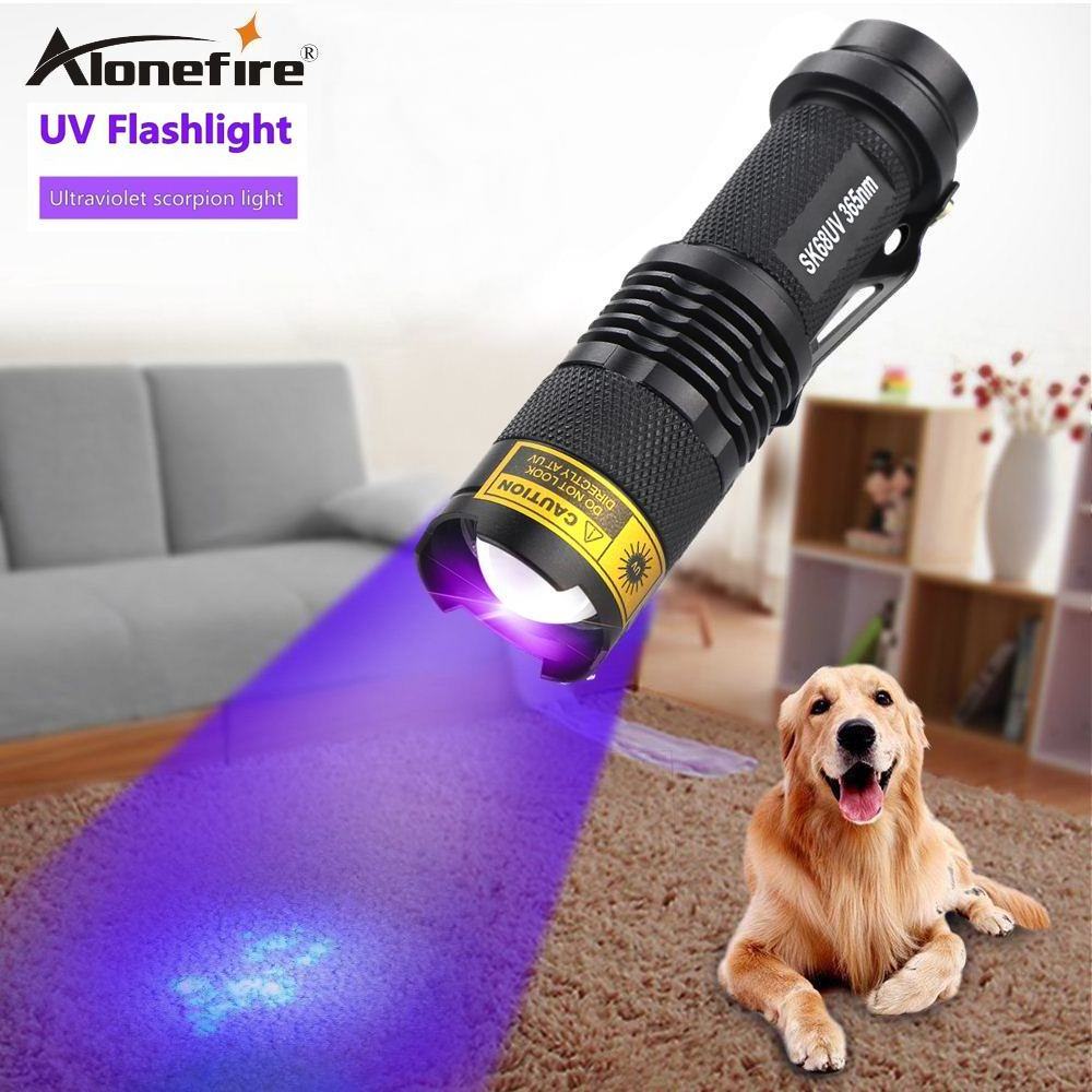 ALONEFIRE SK68 LED UV Flashlight Purple Violet 365nm Light Adjustable focal Scorpion money Ore Detection Lamp AA 14500 Battery