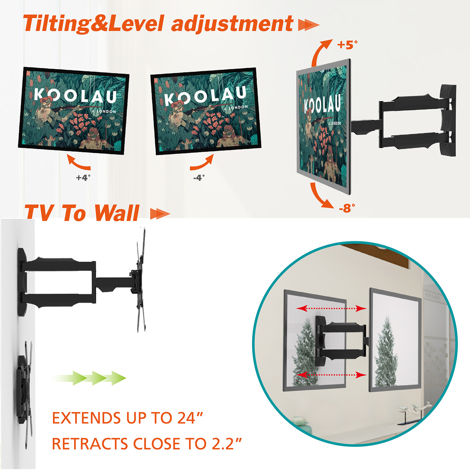 Charmount Max VESA 400*400mm Full Motion Articulating TV Monitor Wall Mount for 22