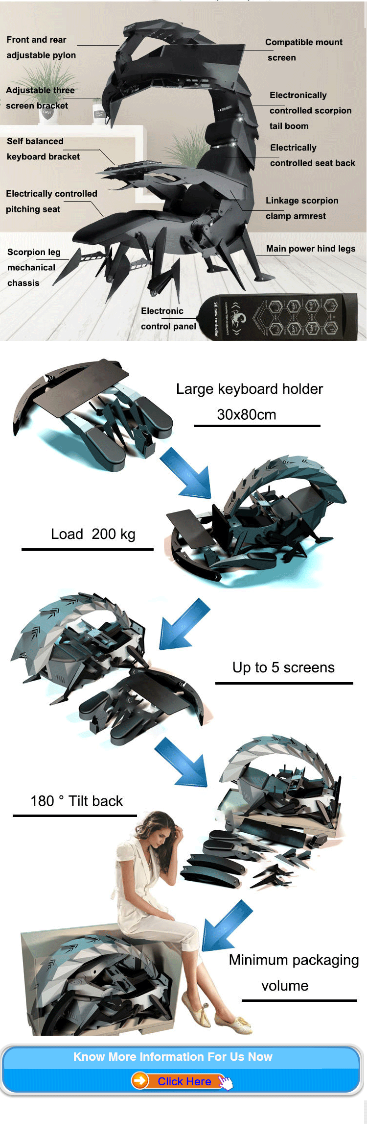 Ergonomic Scorpion Chair Cockpit Zero Gravity Office Comfortable Chair Gaming Workstation Recliner for upto 5 Monitors