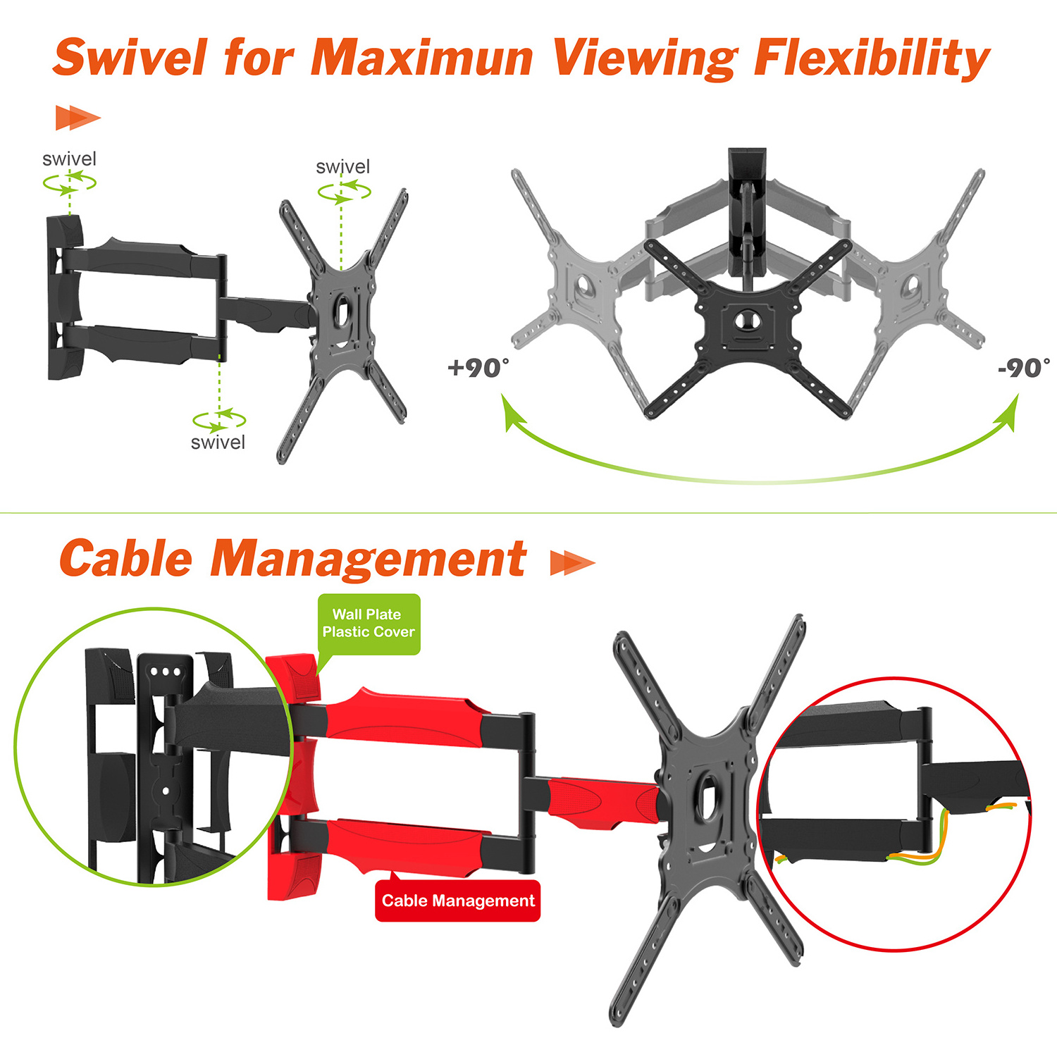 Charmount Max VESA 400*400mm Full Motion Articulating TV Monitor Wall Mount for 22