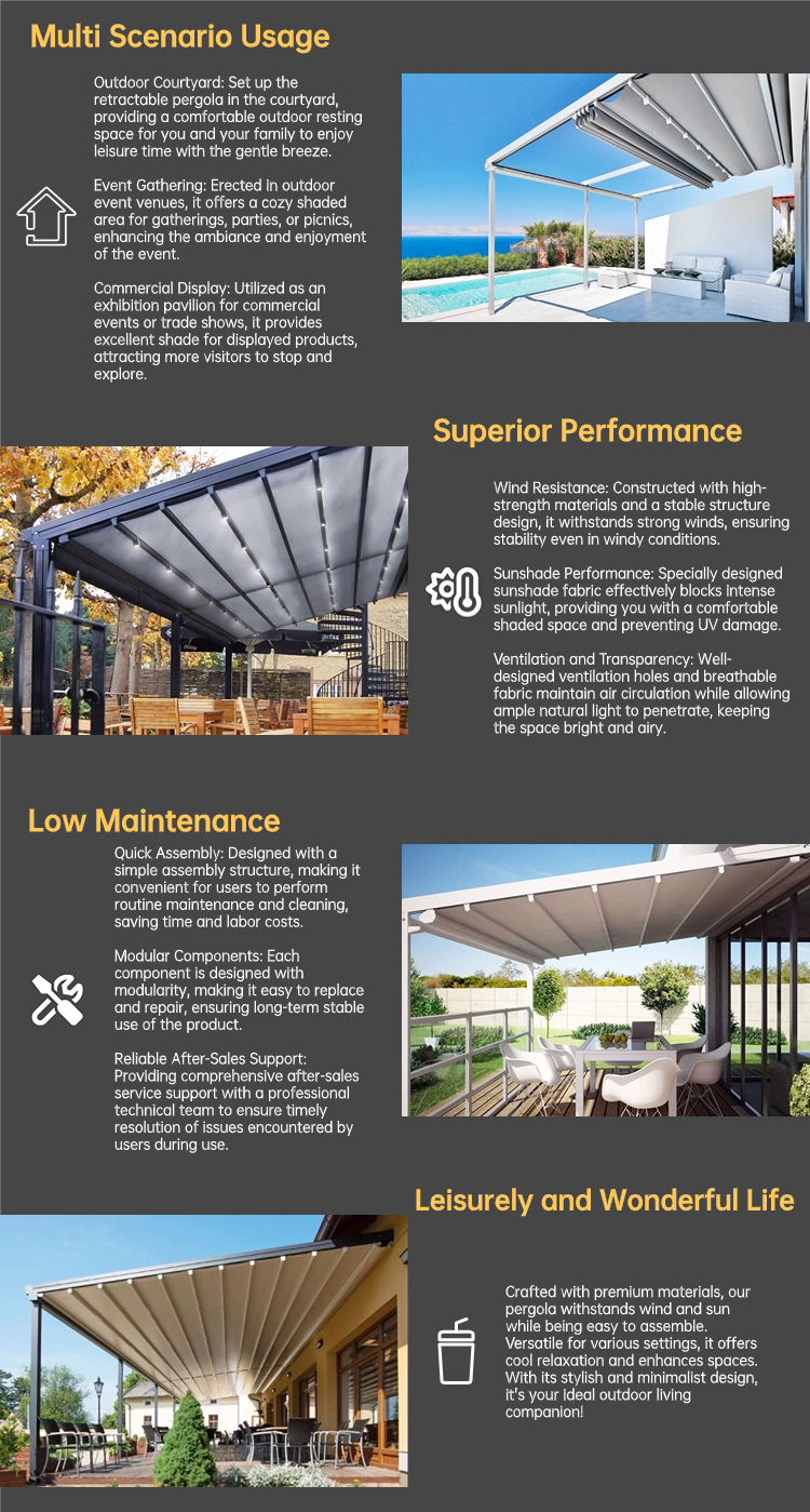 ALPES Fully Automatic Retractable Sliding Folding Outdoor Pergola Waterproof Aluminum Terrace Roof for Arbours Arches & Bridges