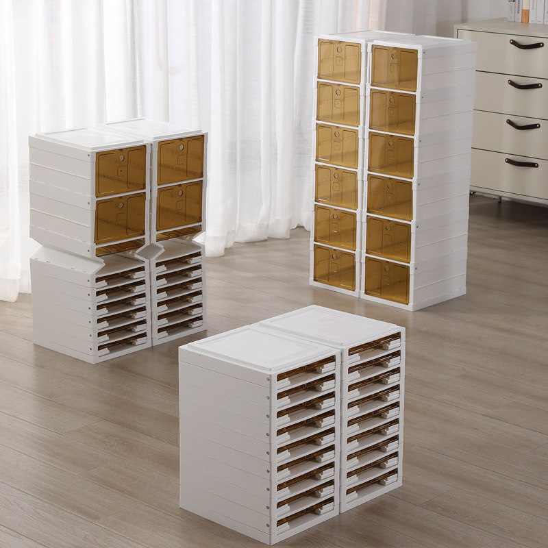 Free installation transparent drawer style storage foldable plastic shoe rack cabinet box