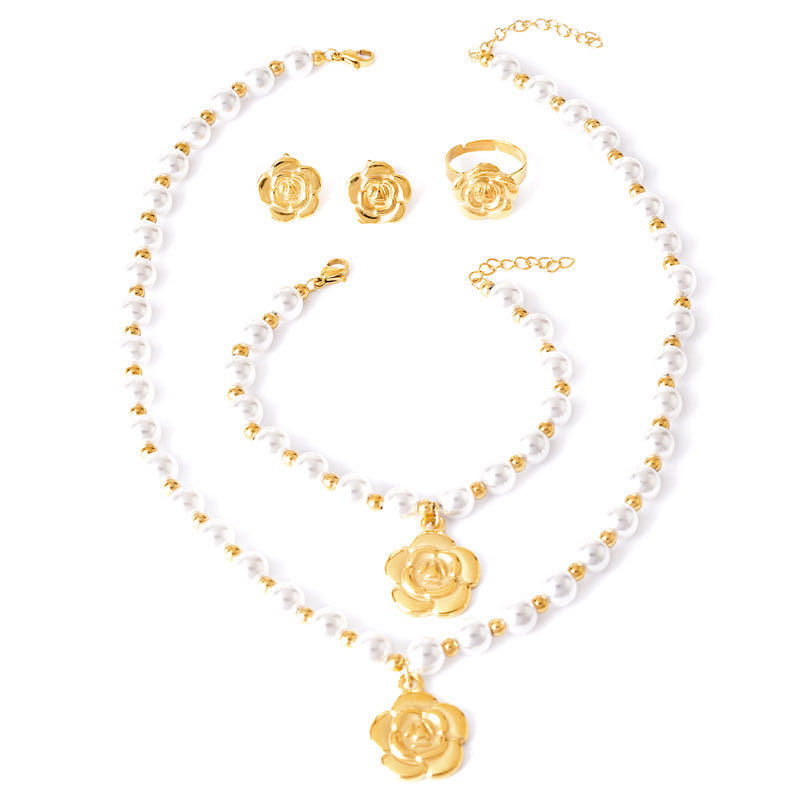 Fashion 18K Gold Plated Pearl Flower Pendant Stainless Steel Jewelry Sets For Women