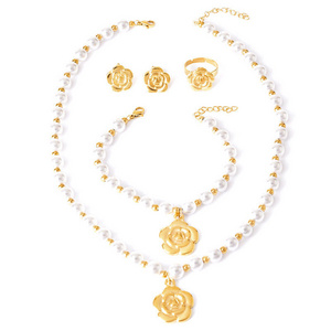 Fashion 18K Gold Plated Pearl Flower Pendant Stainless Steel Jewelry Sets For Women