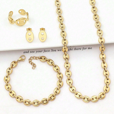 Fashion 18K Gold Plated Hip Hop Necklace Earrings Bracelet Rings Stainless Steel Jewelry Sets For Women