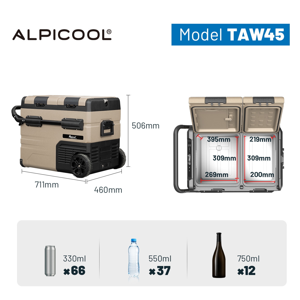 Alpicool TAW45 portable mobile detachable battery camping 12v refrigerator solar electric cooler compressor car fridge freezer