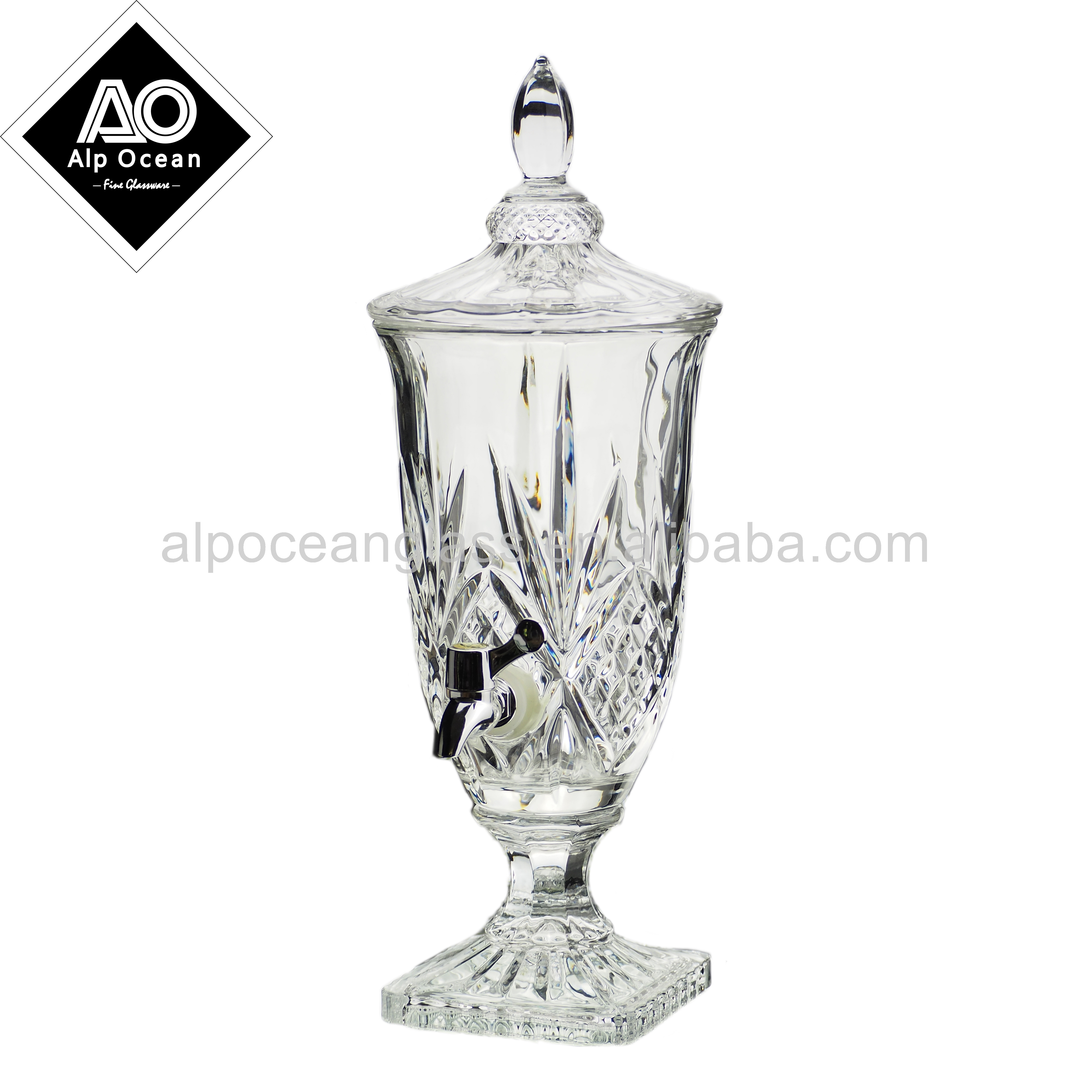 2L Diamond Design Glass Beverage Juice Dispenser With Lid And Tap For Hotel Restaurant And Party Use