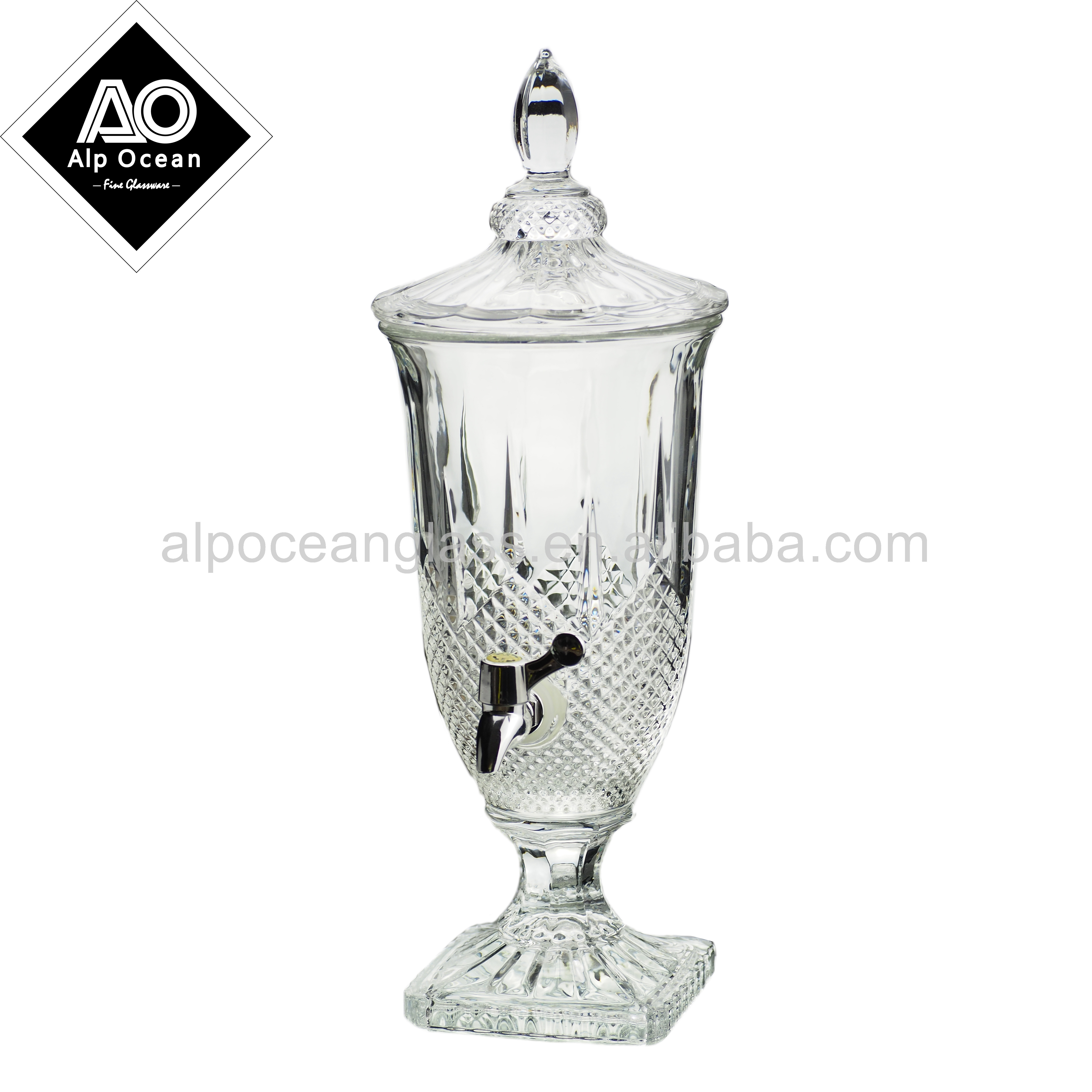 2L Diamond Design Glass Beverage Juice Dispenser With Lid And Tap For Hotel Restaurant And Party Use