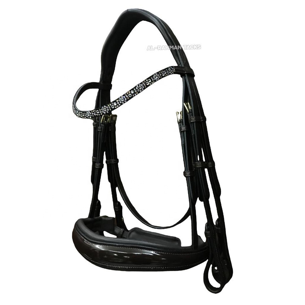 OEM NEW ARRIVAL INDIAN LEATHER HORSE DRESSAGE BRIDLE CRYSTAL BLING JEWELED PATENT NOSEBAND RAISED BRIDLE SOFTY PADDED HORSE TACK