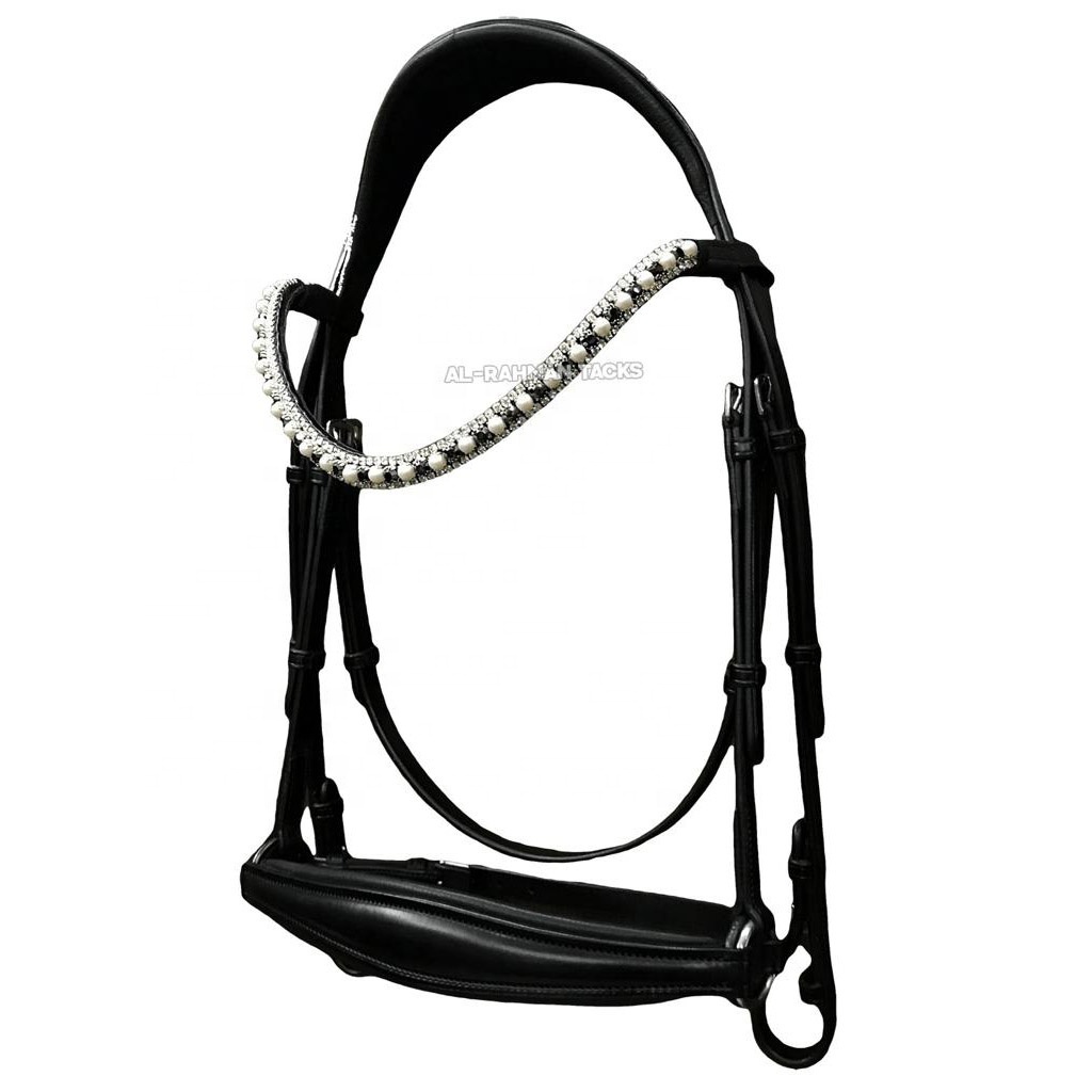 OEM NEW ARRIVAL INDIAN LEATHER HORSE DRESSAGE BRIDLE CRYSTAL BLING JEWELED PATENT NOSEBAND RAISED BRIDLE SOFTY PADDED HORSE TACK