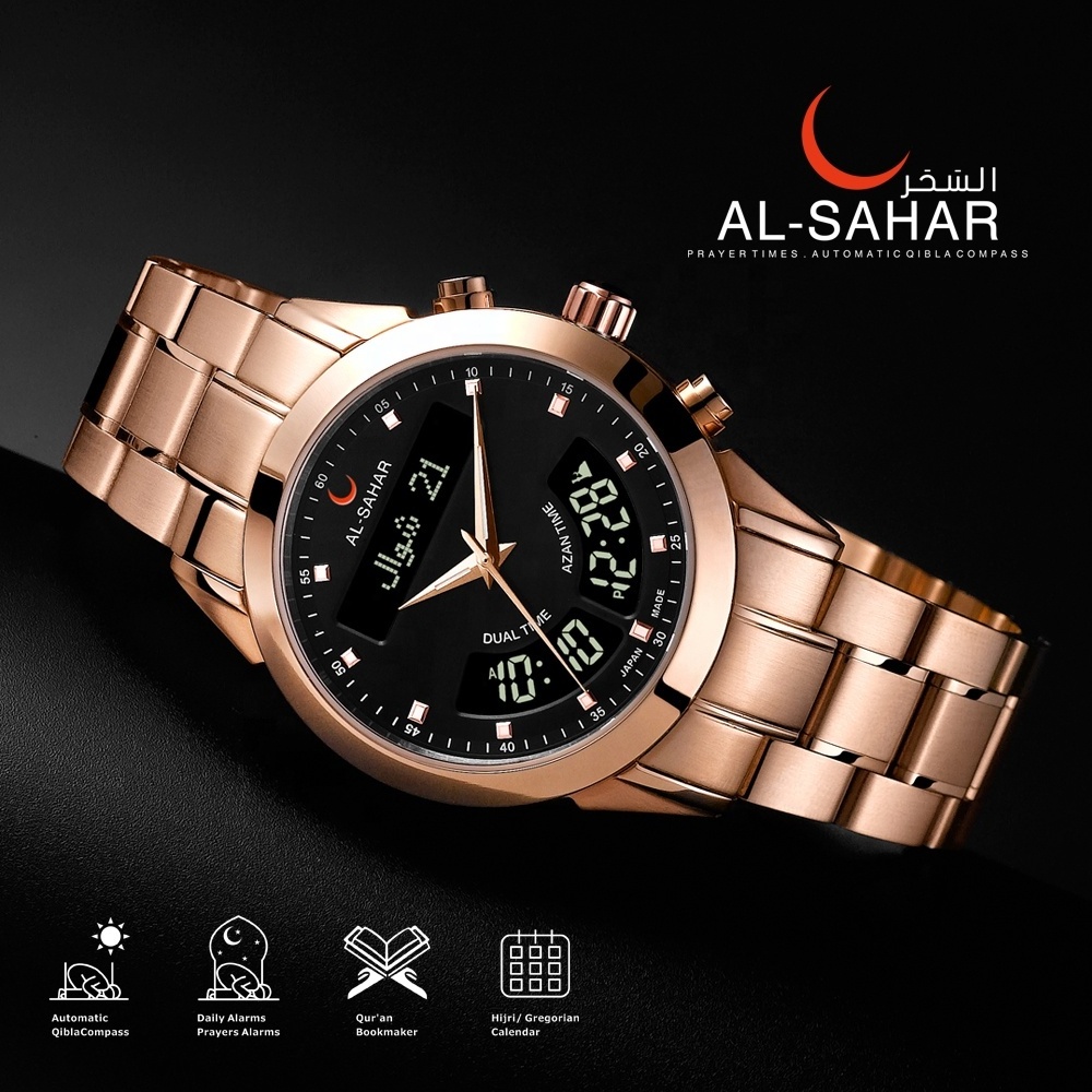 Factory direct sales alfajr watch rose gold stainless steel dual time customized clock Islamic azan prayer watch AS-P012