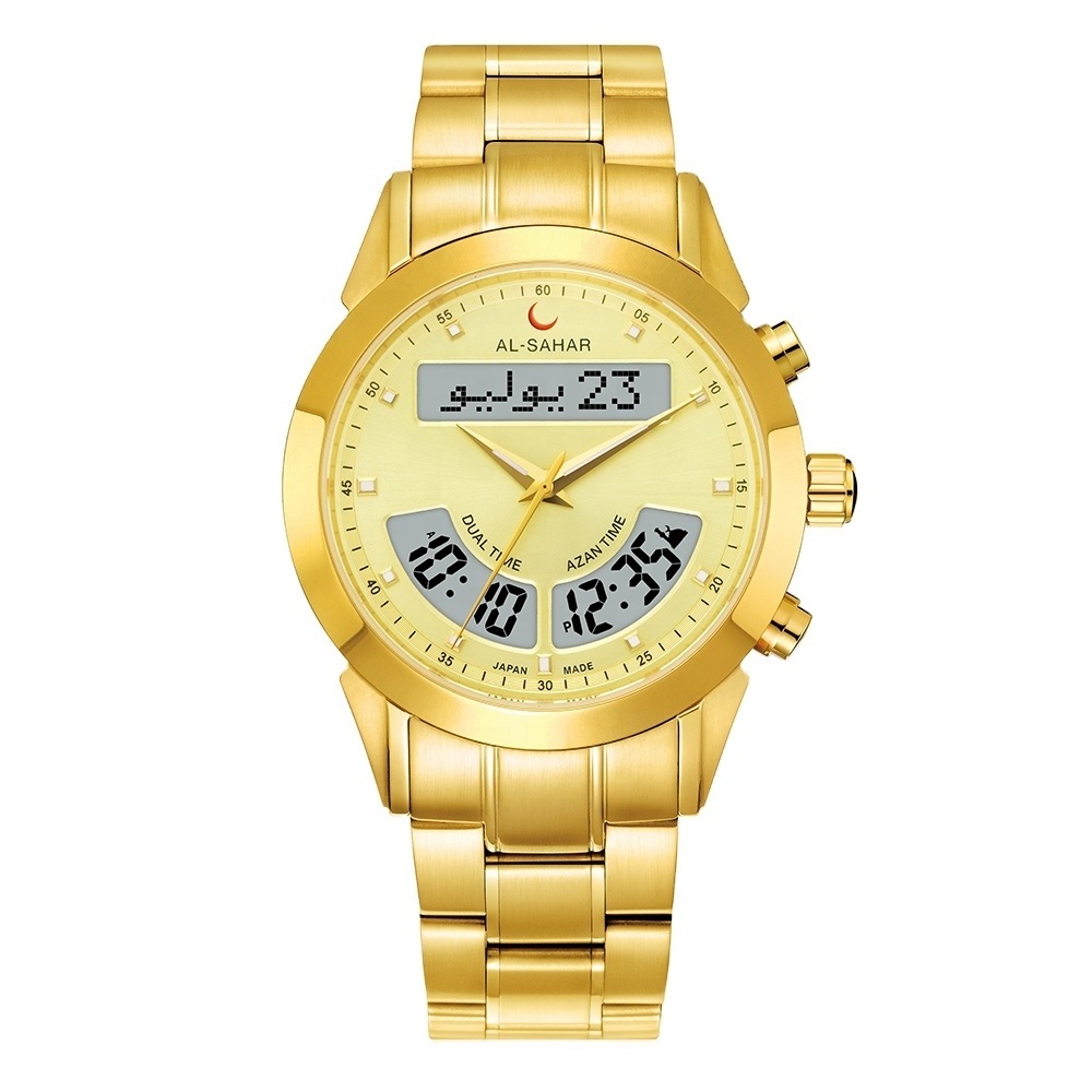 Factory direct sales alfajr watch rose gold stainless steel dual time customized clock Islamic azan prayer watch AS-P012