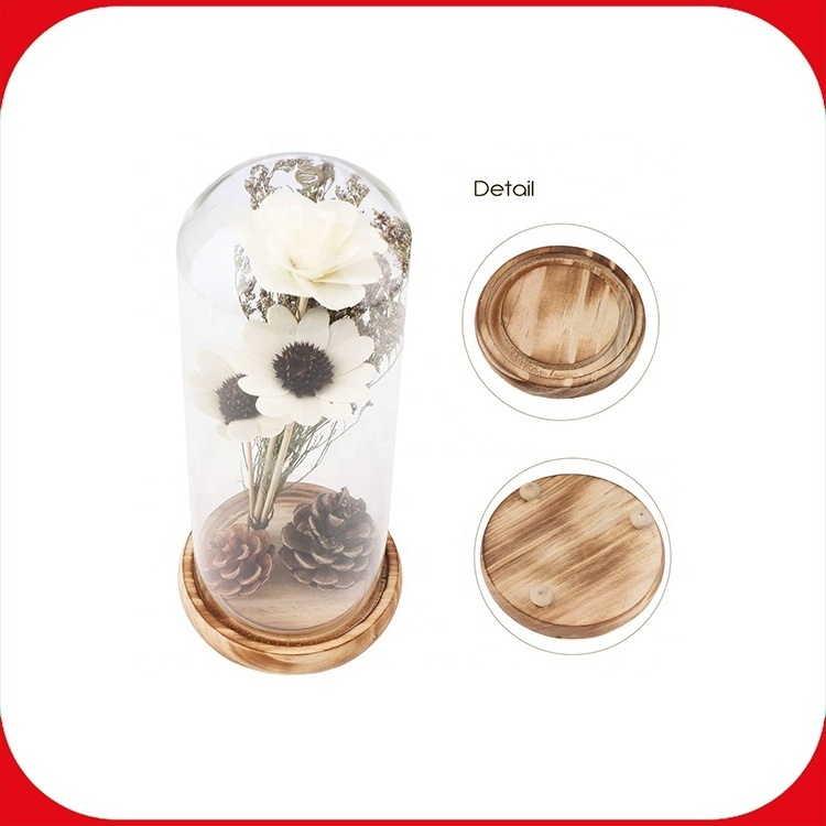 Luxury Clear Multiple Color Glass Candle Jar with Bell Cloche Dome with Glass and wooden base for wedding decoration