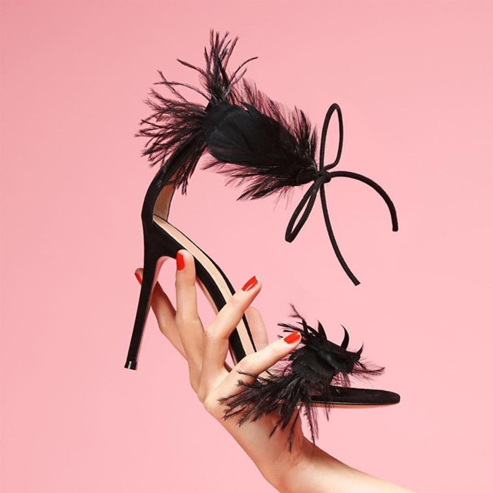 New Latest Sexy Feather Fur Ankle Strap High Heel Sandals Women Stiletto Ostrich Feather Dress Shoes