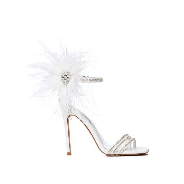 Women Feather Flower Stiletto Sandals Sexy Lady Metallic Faux Leather Square Toe Ankle Buckle Sandals