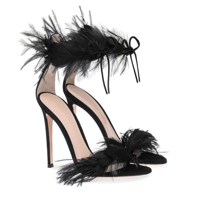 New Latest Sexy Feather Fur Ankle Strap High Heel Sandals Women Stiletto Ostrich Feather Dress Shoes